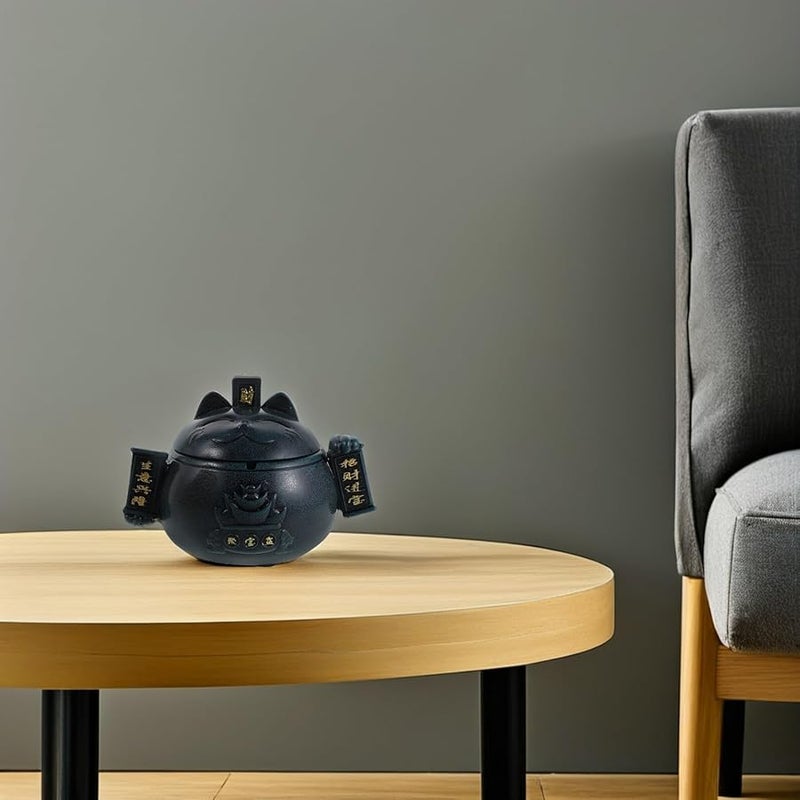 منفضة سجائر سيراميك القط المحظوظ مع غطاء مقاوم للرياح للداخل والخارج باللون الأزرق - Image 4